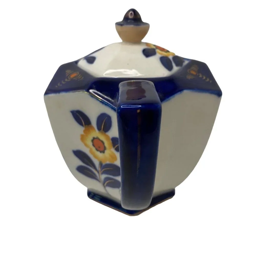 Moriyama ceramic hexagonal teapot with lid cobalt blue floral hand painted Japan